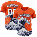 Custom Orange White-Navy Japanese Wave 3D Pattern Design Authentic Baseball Jersey