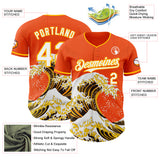 Custom Orange White-Gold Japanese Wave 3D Pattern Design Authentic Baseball Jersey