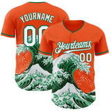 Custom Orange White-Kelly Green Japanese Wave 3D Pattern Design Authentic Baseball Jersey