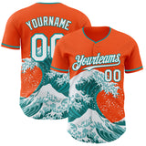 Custom Orange White-Teal Japanese Wave 3D Pattern Design Authentic Baseball Jersey