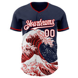 Custom Navy White-Red Japanese Wave 3D Pattern Design Authentic Baseball Jersey