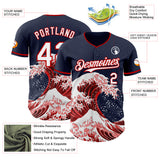 Custom Navy White-Red Japanese Wave 3D Pattern Design Authentic Baseball Jersey