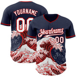 Custom Navy White-Red Japanese Wave 3D Pattern Design Authentic Baseball Jersey