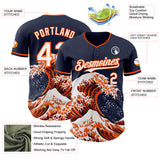 Custom Navy White-Orange Japanese Wave 3D Pattern Design Authentic Baseball Jersey