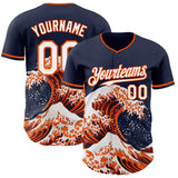 Custom Navy White-Orange Japanese Wave 3D Pattern Design Authentic Baseball Jersey