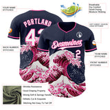 Custom Navy White-Pink Japanese Wave 3D Pattern Design Authentic Baseball Jersey