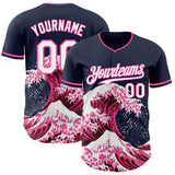 Custom Navy White-Pink Japanese Wave 3D Pattern Design Authentic Baseball Jersey