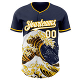 Custom Navy White-Gold Japanese Wave 3D Pattern Design Authentic Baseball Jersey