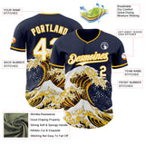 Custom Navy White-Gold Japanese Wave 3D Pattern Design Authentic Baseball Jersey