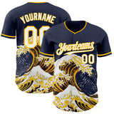 Custom Navy White-Gold Japanese Wave 3D Pattern Design Authentic Baseball Jersey