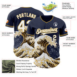 Custom Navy White-Old Gold Japanese Wave 3D Pattern Design Authentic Baseball Jersey