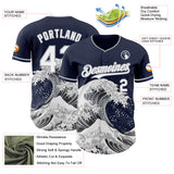Custom Navy White-Gray Japanese Wave 3D Pattern Design Authentic Baseball Jersey