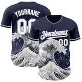 Custom Navy White-Gray Japanese Wave 3D Pattern Design Authentic Baseball Jersey