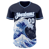 Custom Navy White-Light Blue Japanese Wave 3D Pattern Design Authentic Baseball Jersey