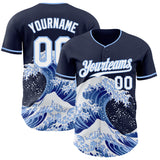 Custom Navy White-Light Blue Japanese Wave 3D Pattern Design Authentic Baseball Jersey