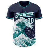 Custom Navy White-Teal Japanese Wave 3D Pattern Design Authentic Baseball Jersey