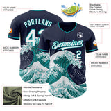 Custom Navy White-Teal Japanese Wave 3D Pattern Design Authentic Baseball Jersey