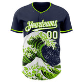 Custom Navy White-Neon Green Japanese Wave 3D Pattern Design Authentic Baseball Jersey
