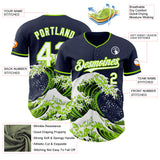 Custom Navy White-Neon Green Japanese Wave 3D Pattern Design Authentic Baseball Jersey