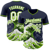 Custom Navy White-Neon Green Japanese Wave 3D Pattern Design Authentic Baseball Jersey