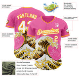 Custom Pink White-Gold Japanese Wave 3D Pattern Design Authentic Baseball Jersey