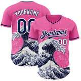 Custom Pink Navy-White Japanese Wave 3D Pattern Design Authentic Baseball Jersey
