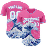 Custom Pink White-Light Blue Japanese Wave 3D Pattern Design Authentic Baseball Jersey