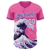 Custom Pink Purple-White Japanese Wave 3D Pattern Design Authentic Baseball Jersey