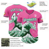 Custom Pink Kelly Green-White Japanese Wave 3D Pattern Design Authentic Baseball Jersey