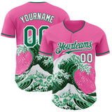Custom Pink Kelly Green-White Japanese Wave 3D Pattern Design Authentic Baseball Jersey