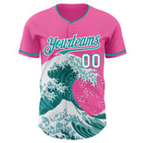 Custom Pink Teal-White Japanese Wave 3D Pattern Design Authentic Baseball Jersey