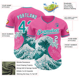 Custom Pink Teal-White Japanese Wave 3D Pattern Design Authentic Baseball Jersey