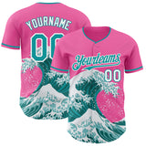 Custom Pink Teal-White Japanese Wave 3D Pattern Design Authentic Baseball Jersey