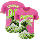 Custom Pink Neon Green-White Japanese Wave 3D Pattern Design Authentic Baseball Jersey