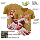 Custom Old Gold Red-White Japanese Wave 3D Pattern Design Authentic Baseball Jersey
