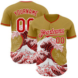 Custom Old Gold Red-White Japanese Wave 3D Pattern Design Authentic Baseball Jersey