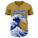 Custom Old Gold Royal-White Japanese Wave 3D Pattern Design Authentic Baseball Jersey