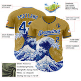 Custom Old Gold Royal-White Japanese Wave 3D Pattern Design Authentic Baseball Jersey