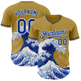 Custom Old Gold Royal-White Japanese Wave 3D Pattern Design Authentic Baseball Jersey