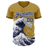 Custom Old Gold Navy-White Japanese Wave 3D Pattern Design Authentic Baseball Jersey