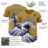 Custom Old Gold Navy-White Japanese Wave 3D Pattern Design Authentic Baseball Jersey