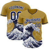 Custom Old Gold Navy-White Japanese Wave 3D Pattern Design Authentic Baseball Jersey