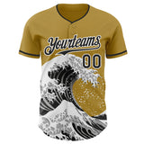 Custom Old Gold Black-White Japanese Wave 3D Pattern Design Authentic Baseball Jersey