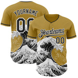 Custom Old Gold Black-White Japanese Wave 3D Pattern Design Authentic Baseball Jersey