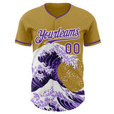 Custom Old Gold Purple-White Japanese Wave 3D Pattern Design Authentic Baseball Jersey