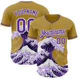Custom Old Gold Purple-White Japanese Wave 3D Pattern Design Authentic Baseball Jersey