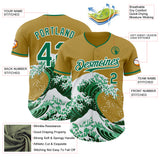 Custom Old Gold Kelly Green-White Japanese Wave 3D Pattern Design Authentic Baseball Jersey