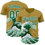 Custom Old Gold Kelly Green-White Japanese Wave 3D Pattern Design Authentic Baseball Jersey