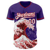 Custom Purple White-Red Japanese Wave 3D Pattern Design Authentic Baseball Jersey