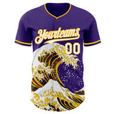 Custom Purple White-Gold Japanese Wave 3D Pattern Design Authentic Baseball Jersey